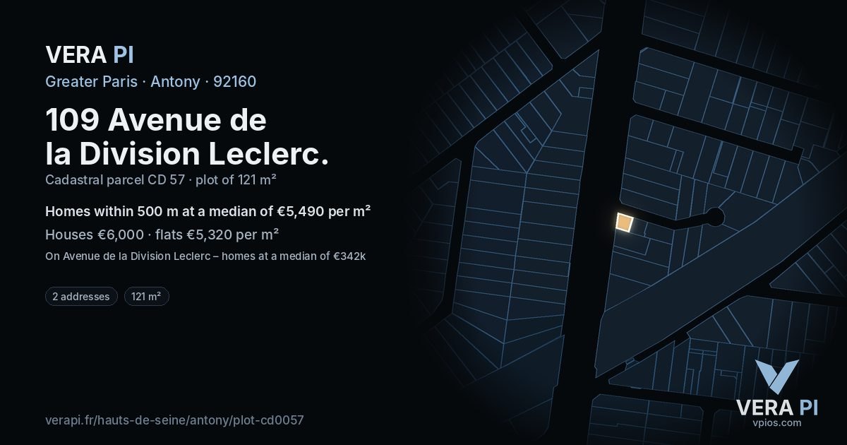 109 Avenue de la Division Leclerc, Antony at night – the plot lit, the parcels around coloured by the prices near them