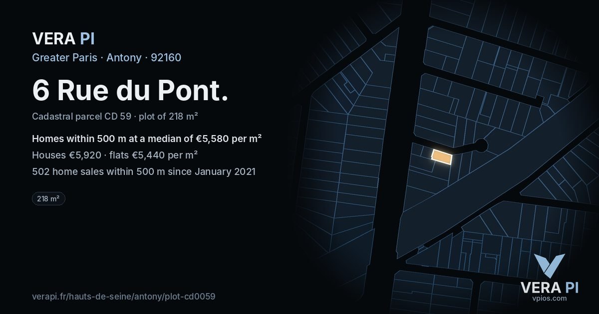 6 Rue du Pont, Antony at night – the plot lit, the parcels around coloured by the prices near them
