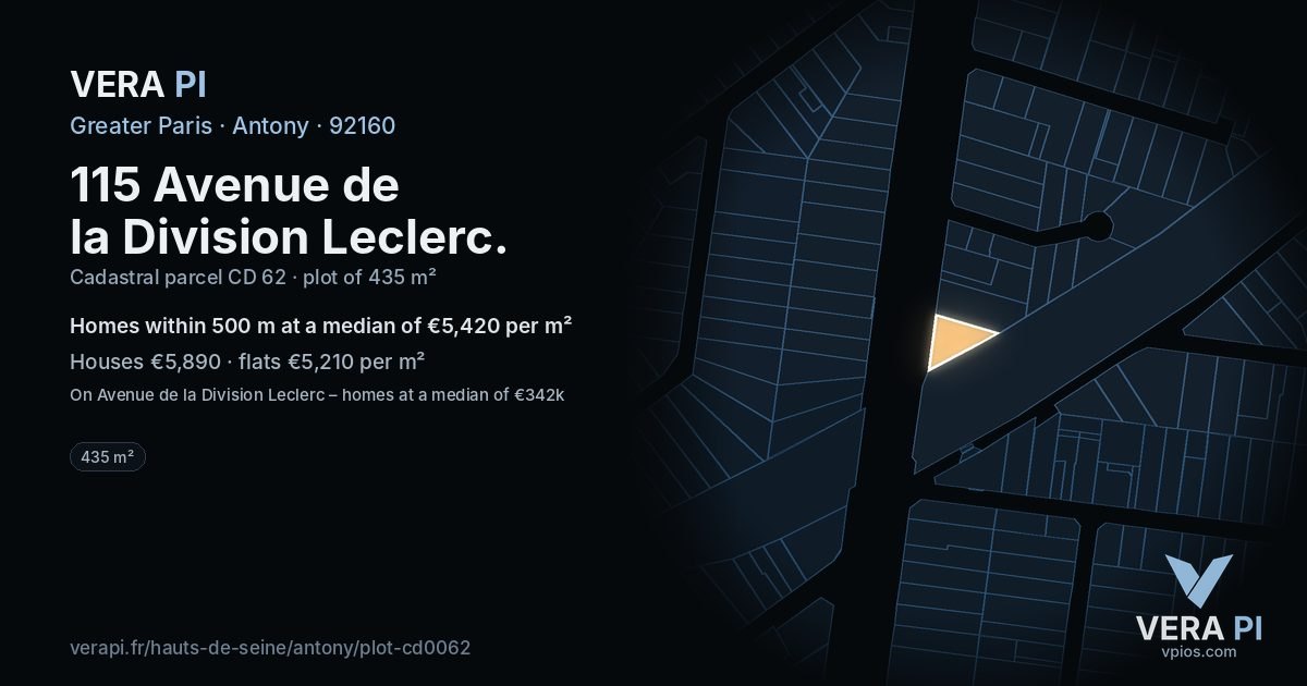 115 Avenue de la Division Leclerc, Antony at night – the plot lit, the parcels around coloured by the prices near them