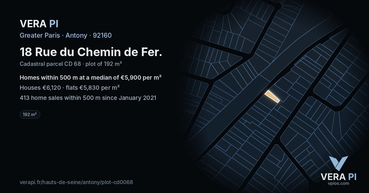18 Rue du Chemin de Fer, Antony at night – the plot lit, the parcels around coloured by the prices near them