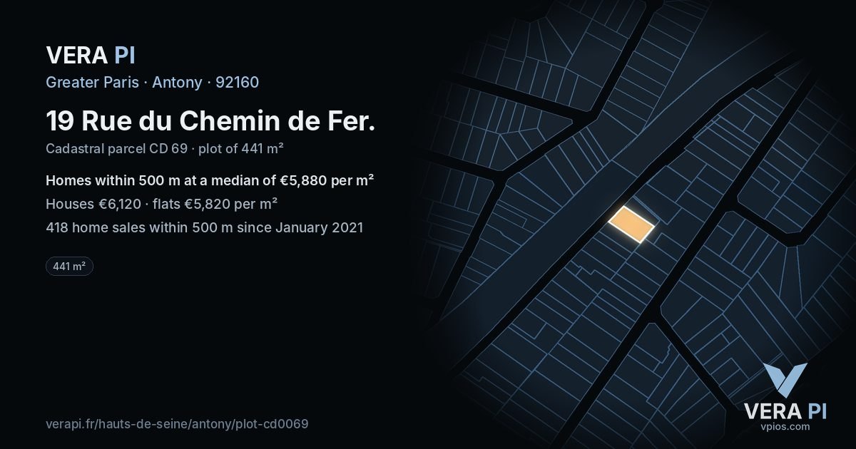 19 Rue du Chemin de Fer, Antony at night – the plot lit, the parcels around coloured by the prices near them