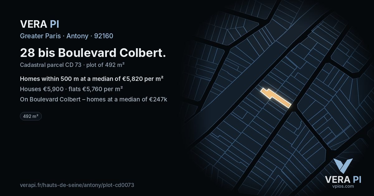 28 bis Boulevard Colbert, Antony at night – the plot lit, the parcels around coloured by the prices near them
