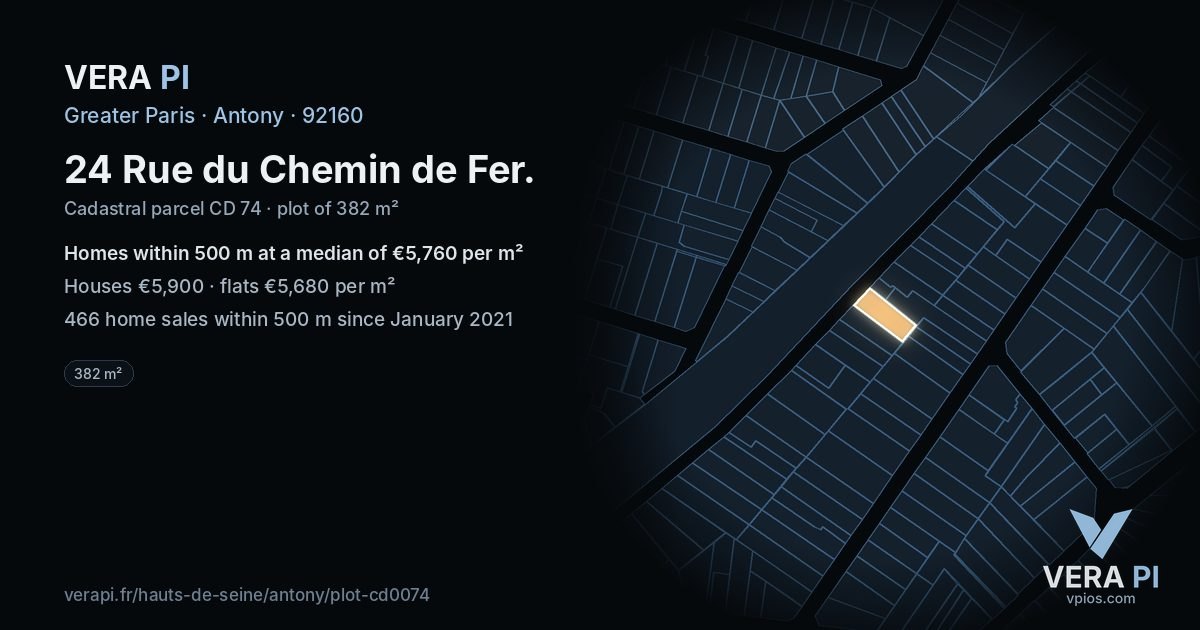 24 Rue du Chemin de Fer, Antony at night – the plot lit, the parcels around coloured by the prices near them