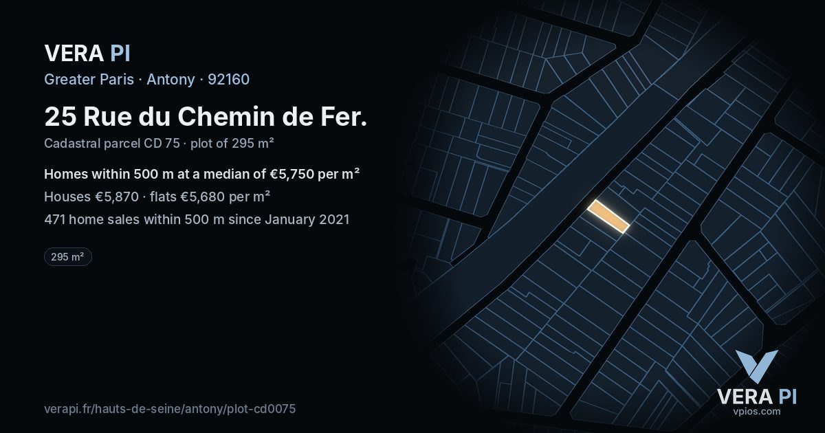 25 Rue du Chemin de Fer, Antony at night – the plot lit, the parcels around coloured by the prices near them