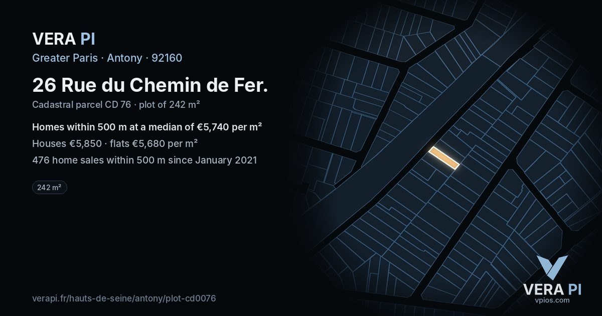 26 Rue du Chemin de Fer, Antony at night – the plot lit, the parcels around coloured by the prices near them