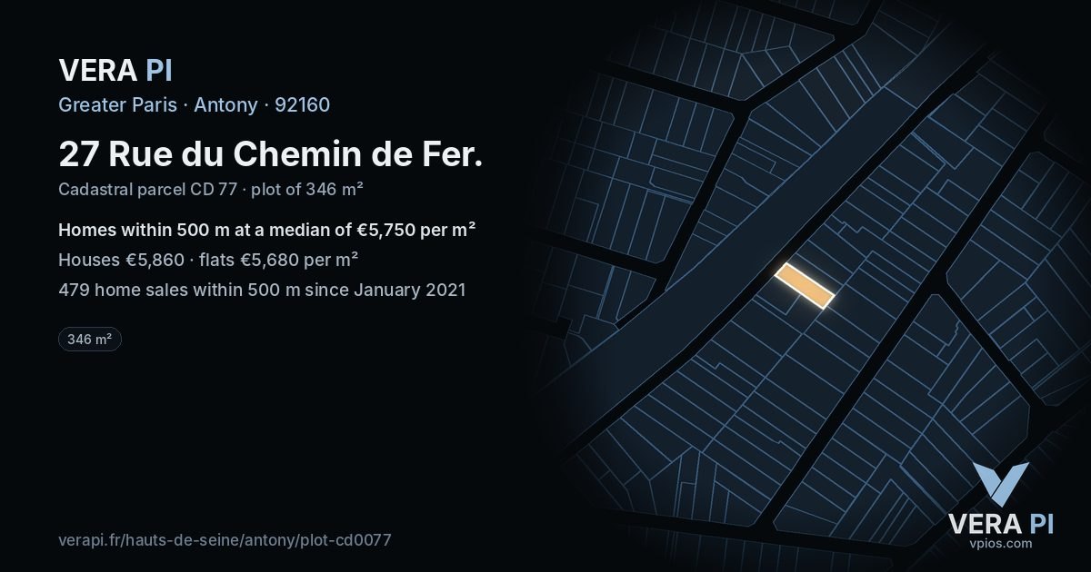 27 Rue du Chemin de Fer, Antony at night – the plot lit, the parcels around coloured by the prices near them