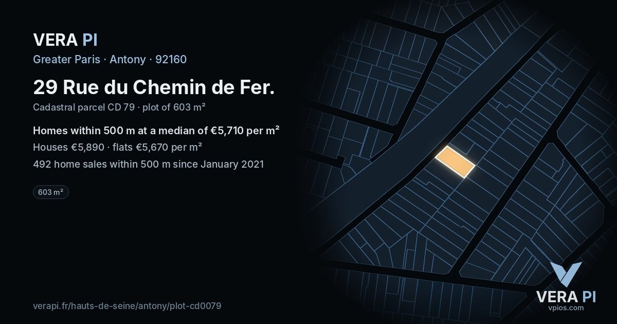 29 Rue du Chemin de Fer, Antony at night – the plot lit, the parcels around coloured by the prices near them