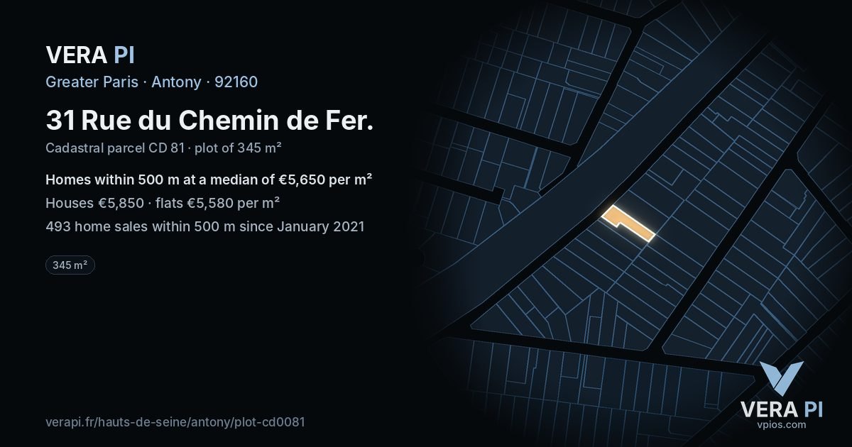 31 Rue du Chemin de Fer, Antony at night – the plot lit, the parcels around coloured by the prices near them