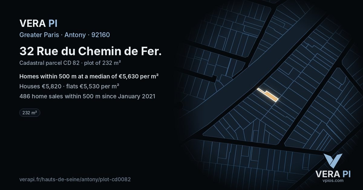 32 Rue du Chemin de Fer, Antony at night – the plot lit, the parcels around coloured by the prices near them