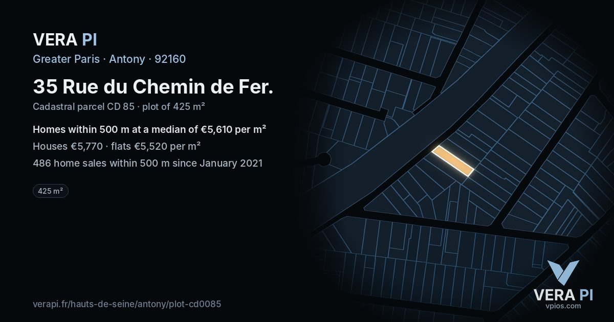 35 Rue du Chemin de Fer, Antony at night – the plot lit, the parcels around coloured by the prices near them