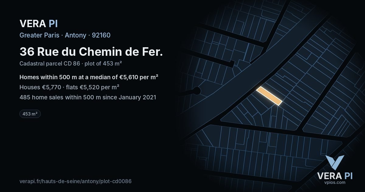 36 Rue du Chemin de Fer, Antony at night – the plot lit, the parcels around coloured by the prices near them