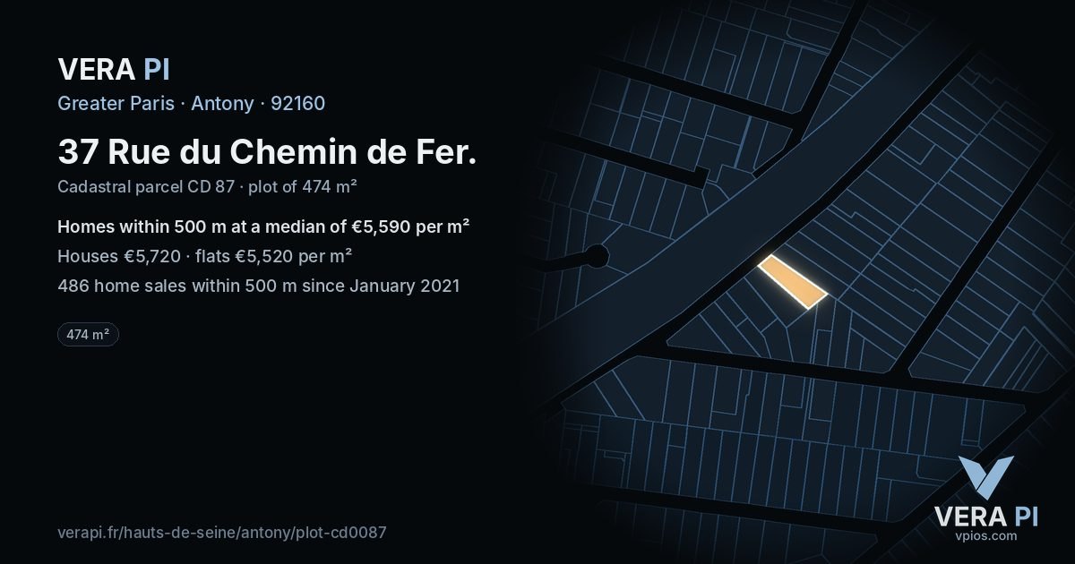 37 Rue du Chemin de Fer, Antony at night – the plot lit, the parcels around coloured by the prices near them