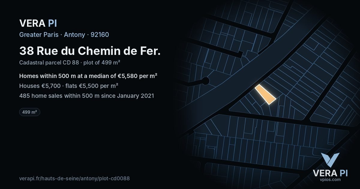38 Rue du Chemin de Fer, Antony at night – the plot lit, the parcels around coloured by the prices near them
