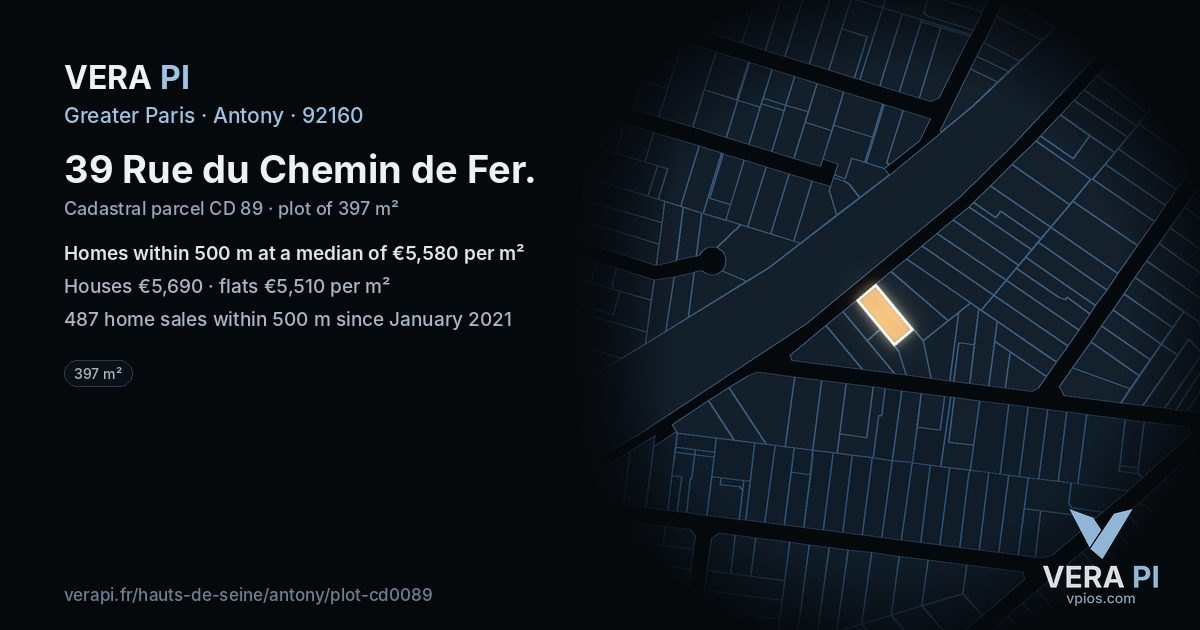 39 Rue du Chemin de Fer, Antony at night – the plot lit, the parcels around coloured by the prices near them