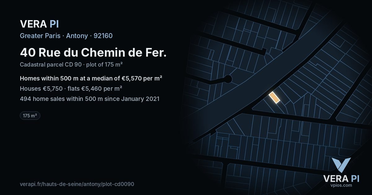 40 Rue du Chemin de Fer, Antony at night – the plot lit, the parcels around coloured by the prices near them