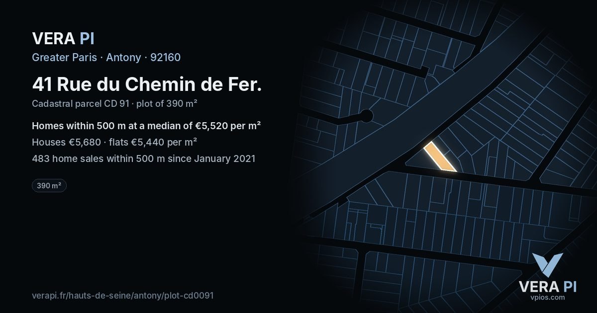 41 Rue du Chemin de Fer, Antony at night – the plot lit, the parcels around coloured by the prices near them