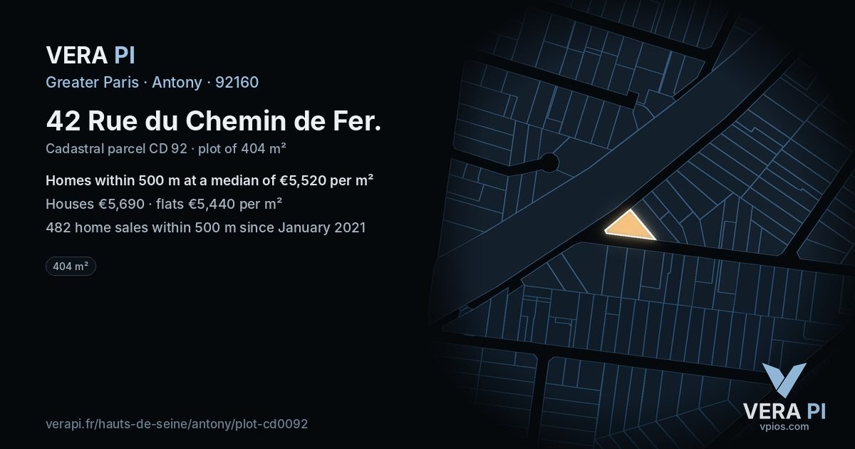 42 Rue du Chemin de Fer, Antony at night – the plot lit, the parcels around coloured by the prices near them