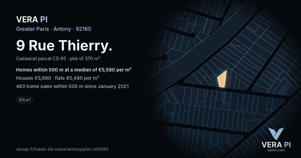 9 Rue Thierry, Antony at night – the plot lit, the parcels around coloured by the prices near them
