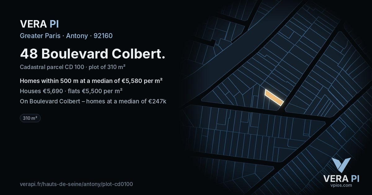 48 Boulevard Colbert, Antony at night – the plot lit, the parcels around coloured by the prices near them