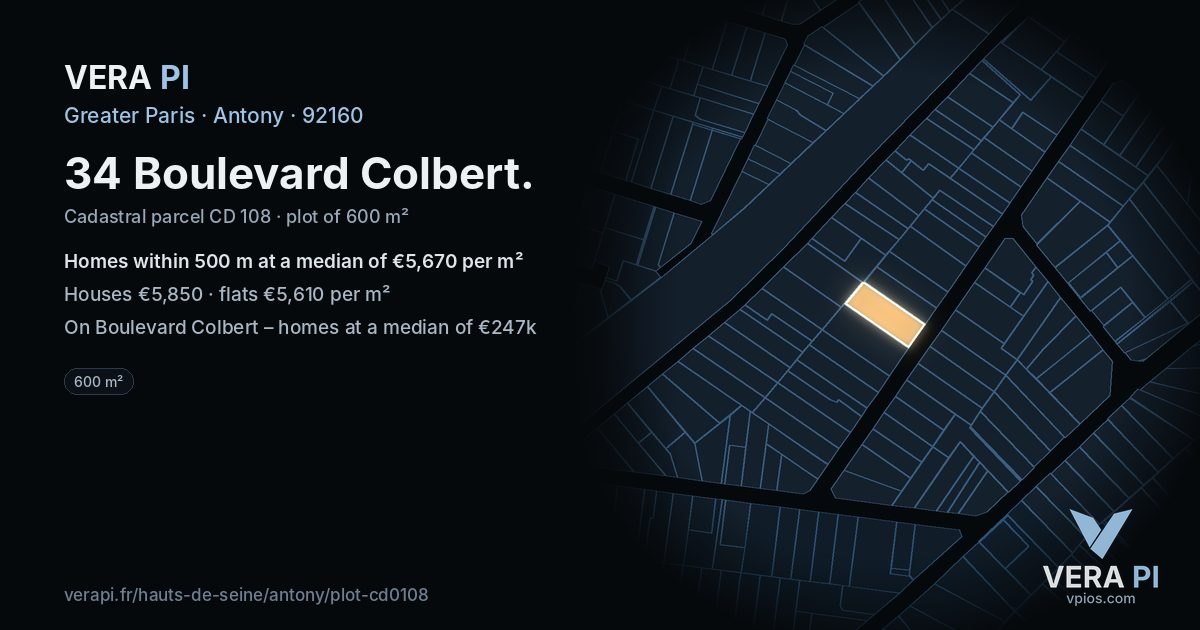 34 Boulevard Colbert, Antony at night – the plot lit, the parcels around coloured by the prices near them