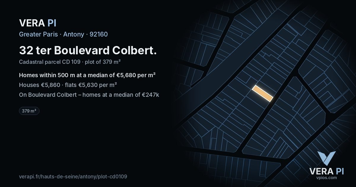 32 ter Boulevard Colbert, Antony at night – the plot lit, the parcels around coloured by the prices near them