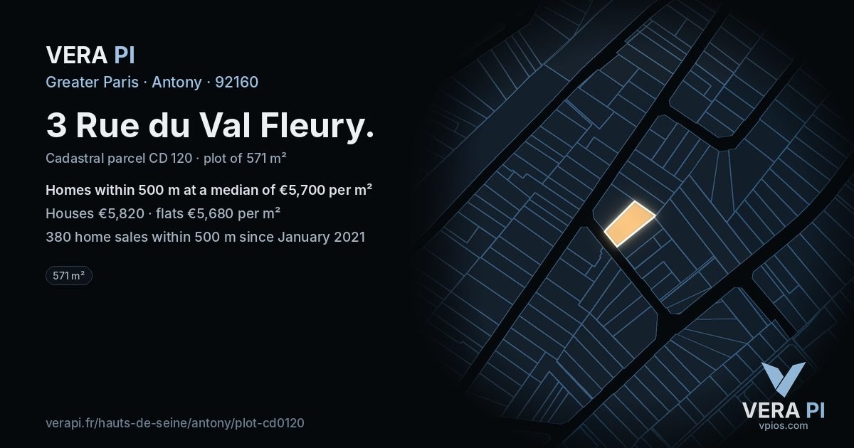3 Rue du Val Fleury, Antony at night – the plot lit, the parcels around coloured by the prices near them