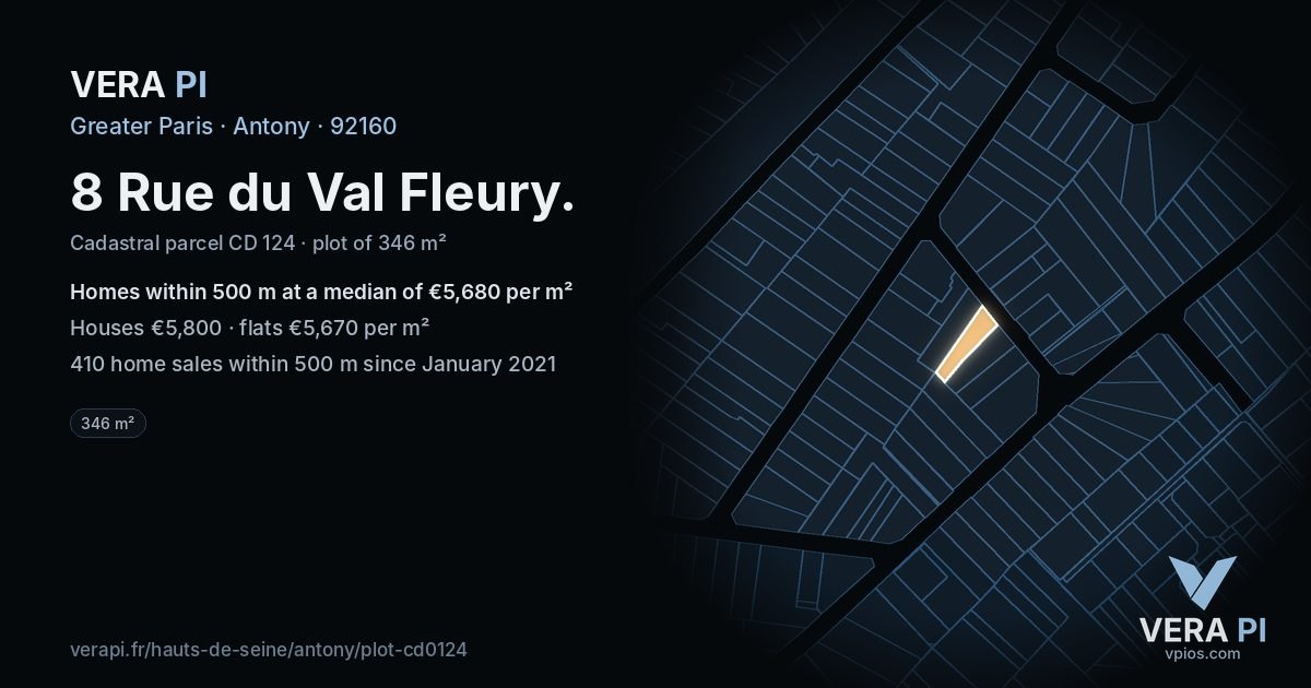 8 Rue du Val Fleury, Antony at night – the plot lit, the parcels around coloured by the prices near them