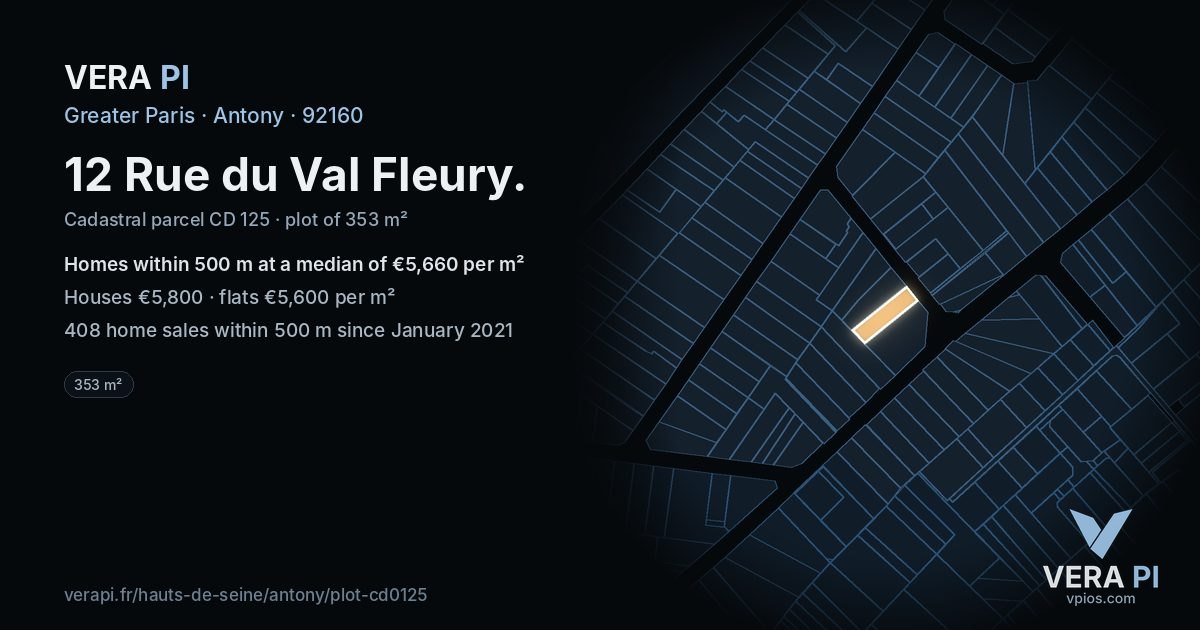 12 Rue du Val Fleury, Antony at night – the plot lit, the parcels around coloured by the prices near them