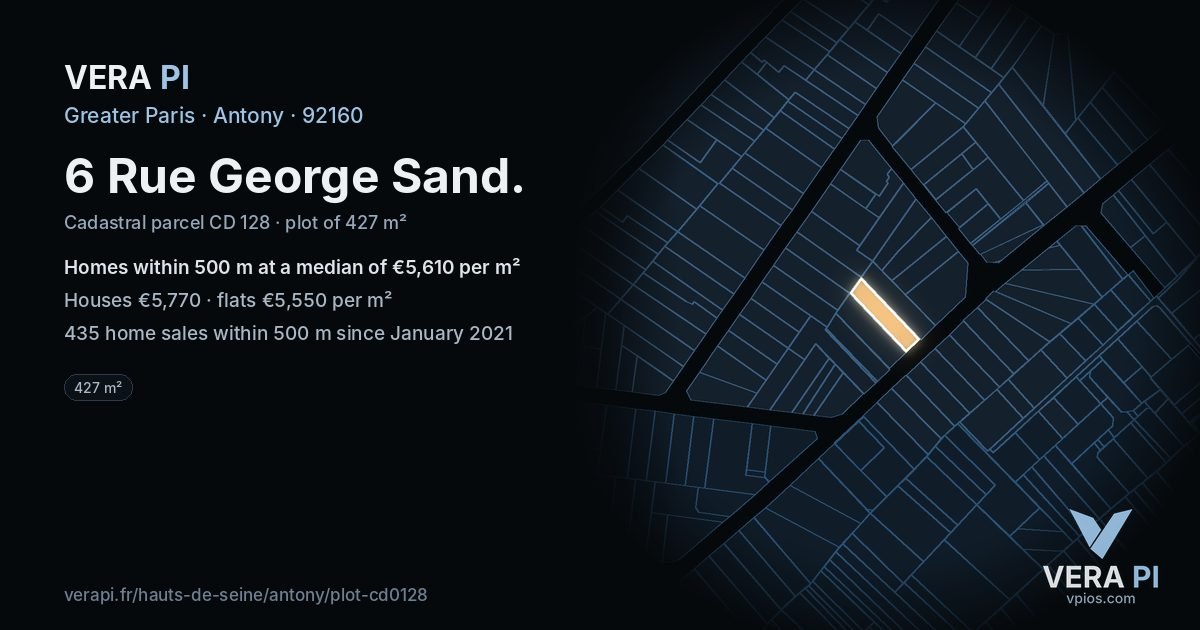 6 Rue George Sand, Antony at night – the plot lit, the parcels around coloured by the prices near them