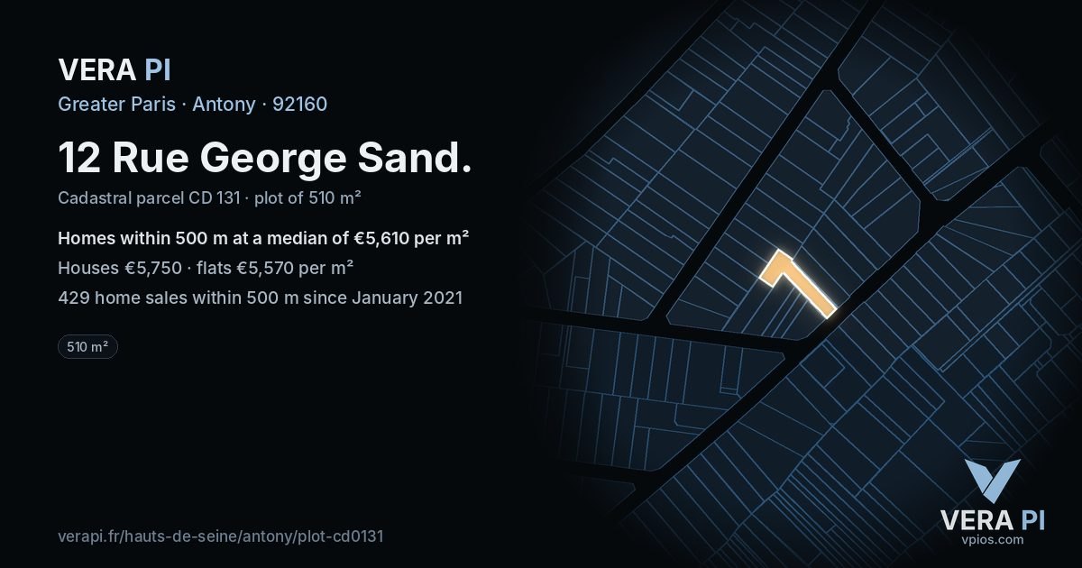 12 Rue George Sand, Antony at night – the plot lit, the parcels around coloured by the prices near them