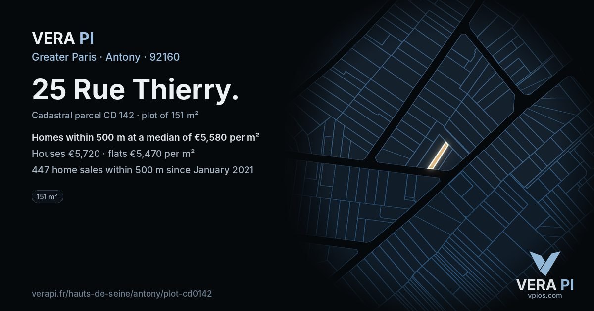 25 Rue Thierry, Antony at night – the plot lit, the parcels around coloured by the prices near them
