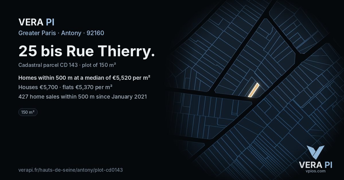 25 bis Rue Thierry, Antony at night – the plot lit, the parcels around coloured by the prices near them