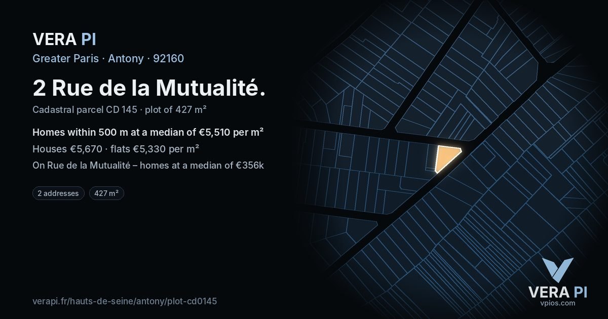 2 Rue de la Mutualité, Antony at night – the plot lit, the parcels around coloured by the prices near them