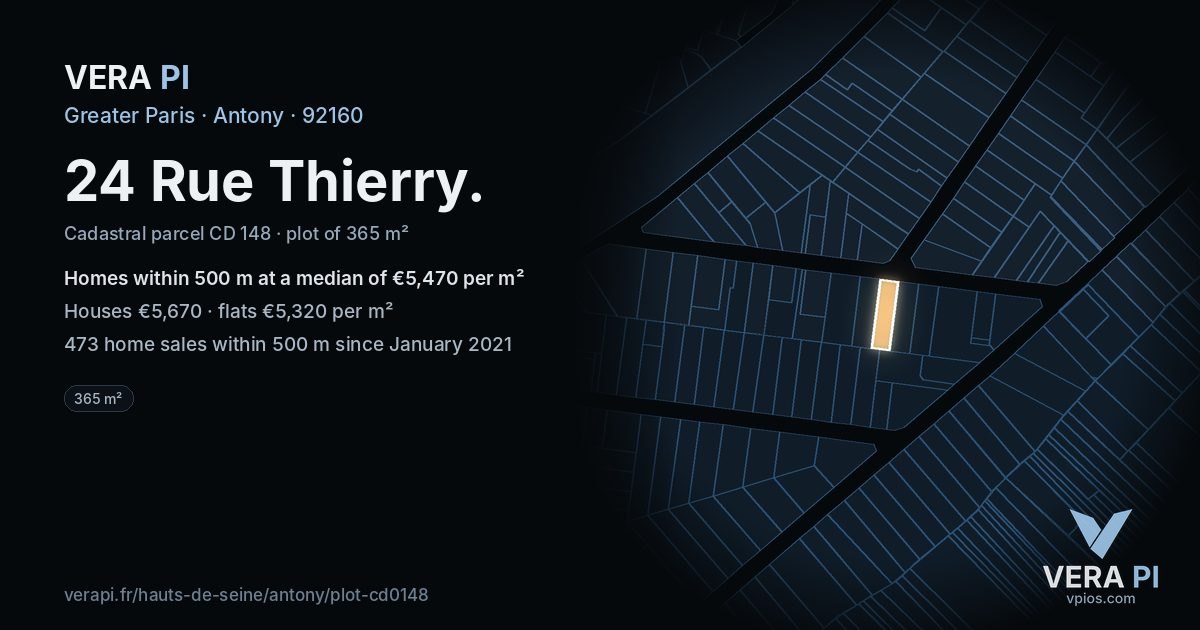 24 Rue Thierry, Antony at night – the plot lit, the parcels around coloured by the prices near them