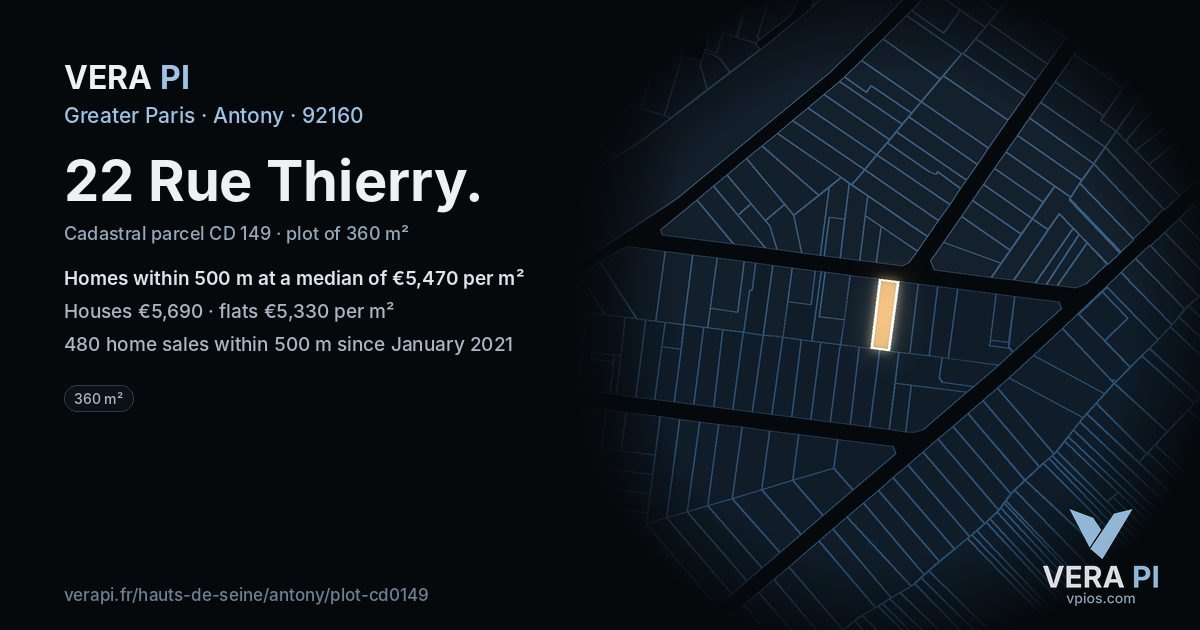 22 Rue Thierry, Antony at night – the plot lit, the parcels around coloured by the prices near them