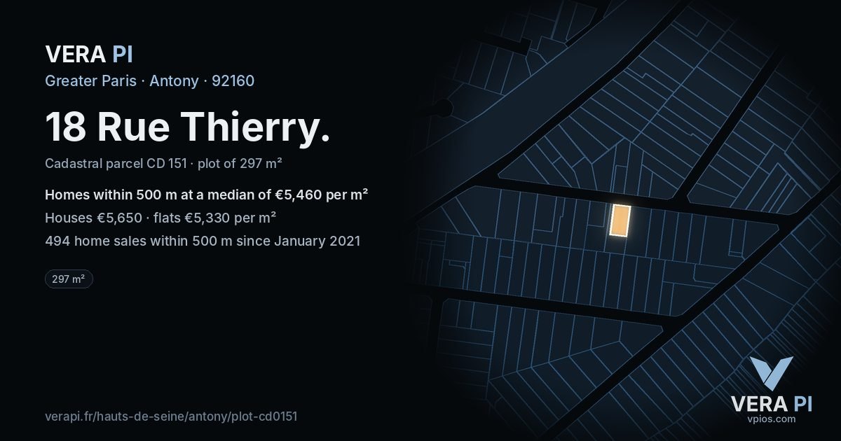 18 Rue Thierry, Antony at night – the plot lit, the parcels around coloured by the prices near them