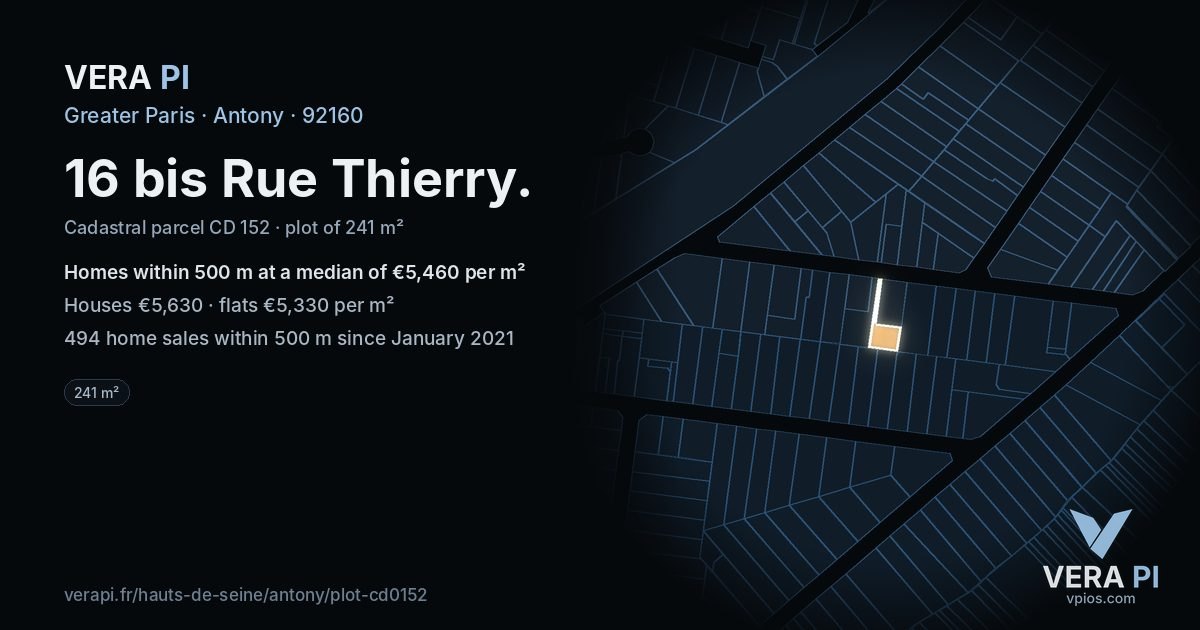 16 bis Rue Thierry, Antony at night – the plot lit, the parcels around coloured by the prices near them