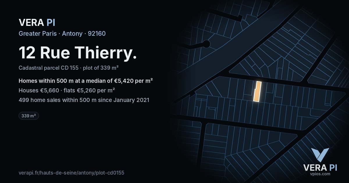 12 Rue Thierry, Antony at night – the plot lit, the parcels around coloured by the prices near them