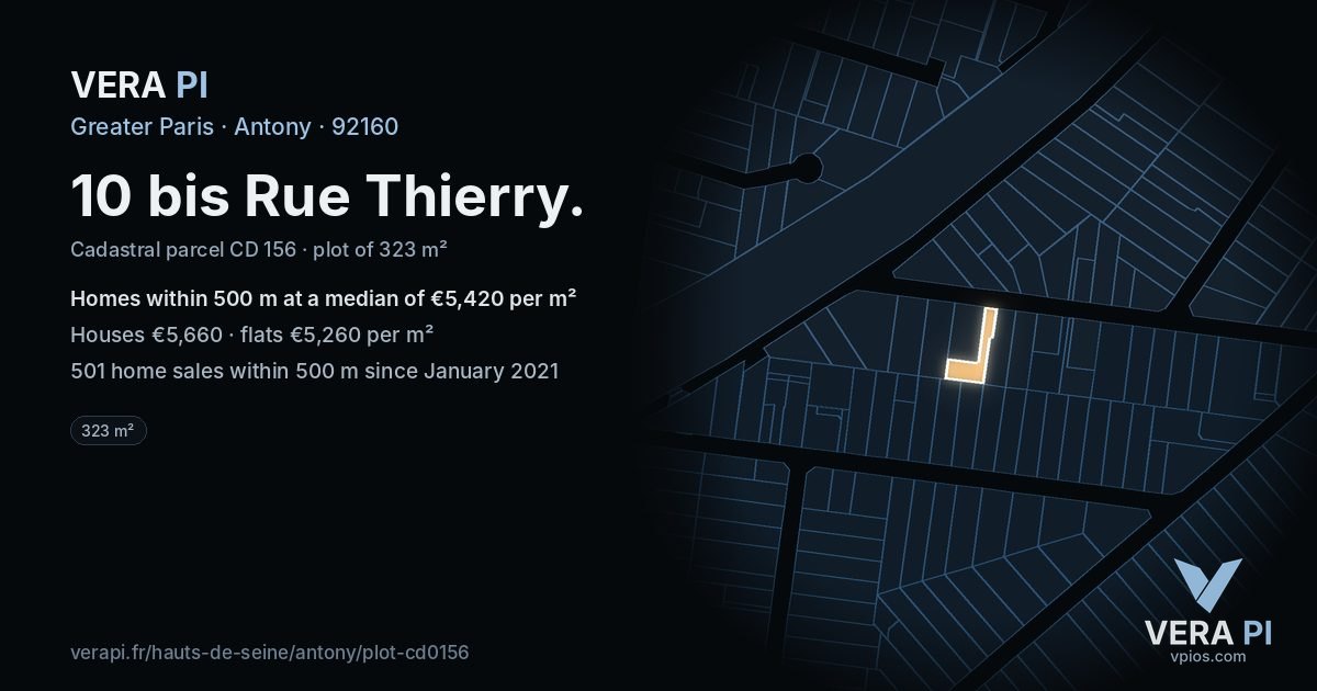 10 bis Rue Thierry, Antony at night – the plot lit, the parcels around coloured by the prices near them
