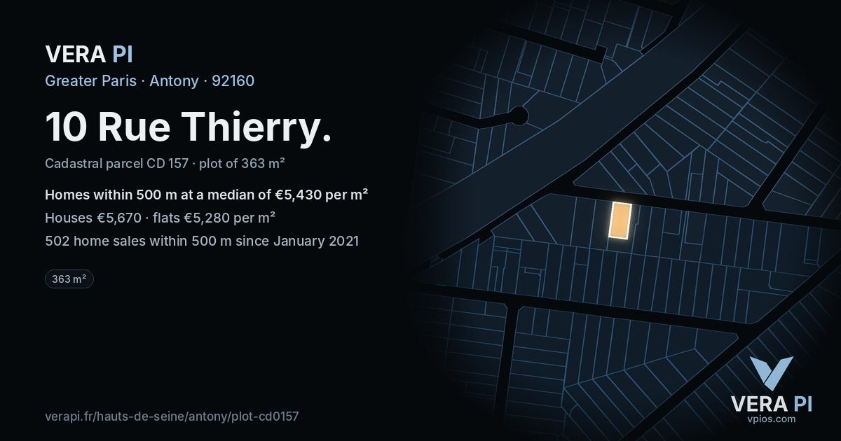 10 Rue Thierry, Antony at night – the plot lit, the parcels around coloured by the prices near them