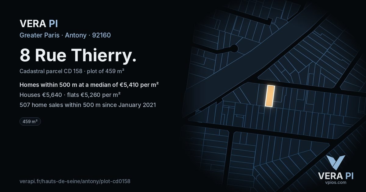 8 Rue Thierry, Antony at night – the plot lit, the parcels around coloured by the prices near them