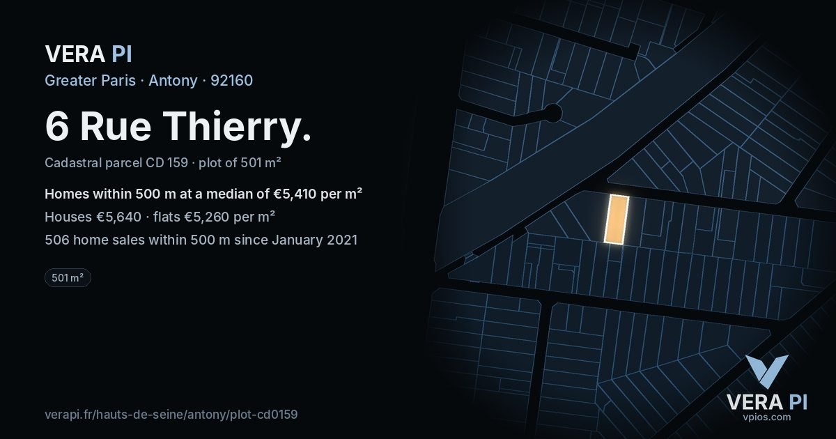 6 Rue Thierry, Antony at night – the plot lit, the parcels around coloured by the prices near them