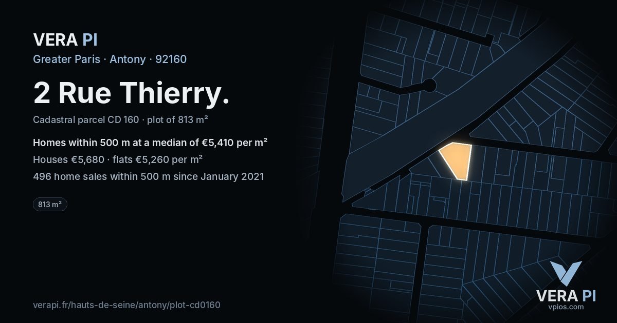 2 Rue Thierry, Antony at night – the plot lit, the parcels around coloured by the prices near them