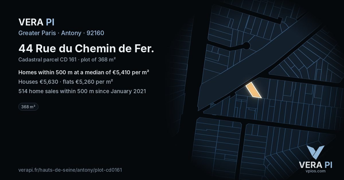 44 Rue du Chemin de Fer, Antony at night – the plot lit, the parcels around coloured by the prices near them