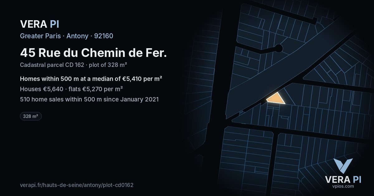45 Rue du Chemin de Fer, Antony at night – the plot lit, the parcels around coloured by the prices near them