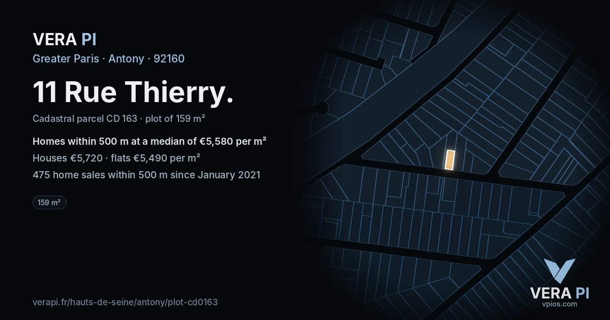 11 Rue Thierry, Antony at night – the plot lit, the parcels around coloured by the prices near them