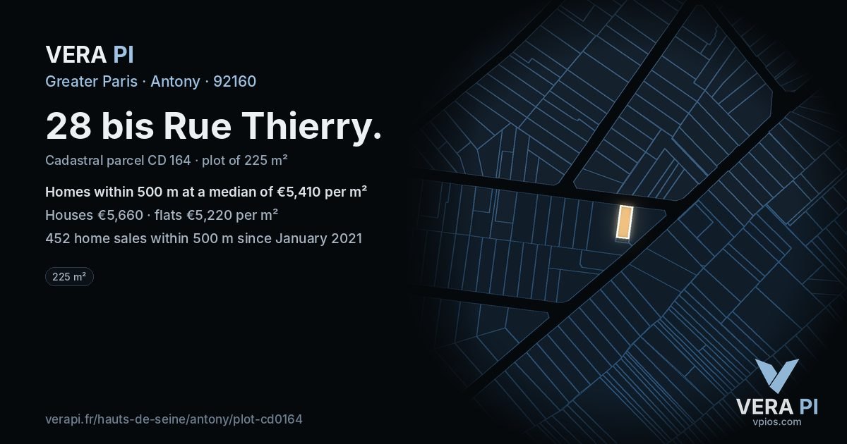 28 bis Rue Thierry, Antony at night – the plot lit, the parcels around coloured by the prices near them