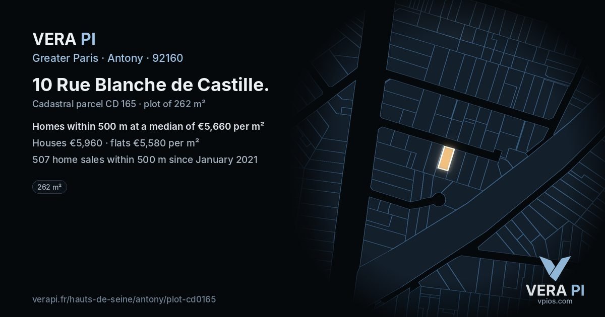 10 Rue Blanche de Castille, Antony at night – the plot lit, the parcels around coloured by the prices near them