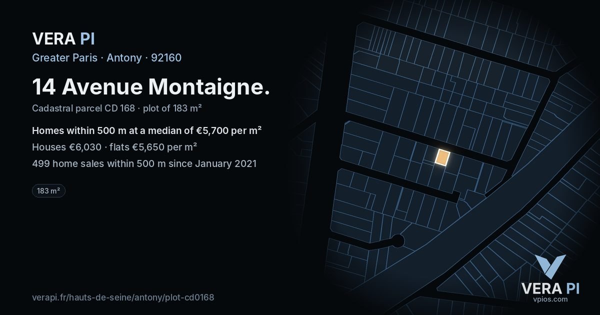 14 Avenue Montaigne, Antony at night – the plot lit, the parcels around coloured by the prices near them