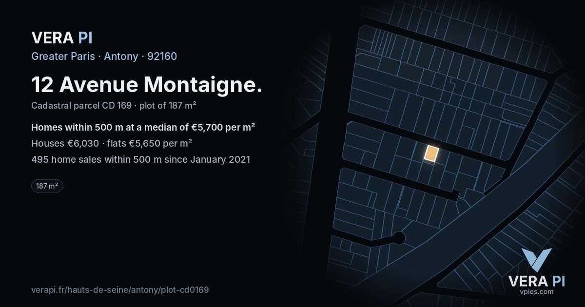 12 Avenue Montaigne, Antony at night – the plot lit, the parcels around coloured by the prices near them